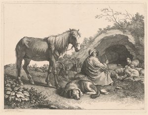 坐着的牧羊人与马、狗、山羊和绵羊，1776年后。