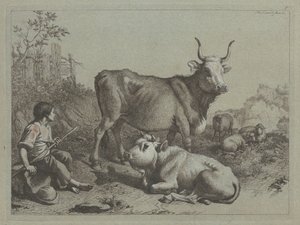 坐着的牧羊人与公牛和犍牛 作者 弗朗切斯科·伦敦尼奥（Francesco Londonio）