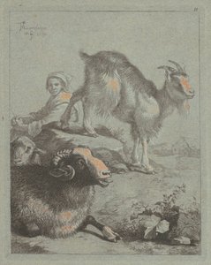 坐着的牧羊女，一只公羊，一只绵羊和一只山羊，1759年。 作者 弗朗切斯科·伦敦尼奥（Francesco Londonio）
