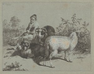 坐着的牧羊女和三只公羊，1762年。 作者 弗朗切斯科·伦敦尼奥（Francesco Londonio）