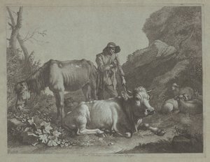 牧羊人拄着拐杖，带着一匹老马和一头躺着的公牛，1767年后。 作者 弗朗切斯科·伦敦尼奥（Francesco Londonio）