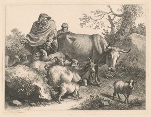 戴着海角的牧羊人赶着羊群，1776年后。 作者 弗朗切斯科·伦敦尼奥（Francesco Londonio）