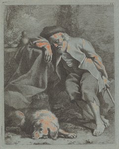 睡觉的老人和狗，1759年。 作者 弗朗切斯科·伦敦尼奥（Francesco Londonio）