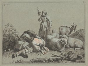 睡觉的农民和站立的纺纱工，1763年。 作者 弗朗切斯科·伦敦尼奥（Francesco Londonio）
