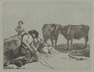 沉睡的牧羊人、两头小牛和一个农妇，17621763。 作者 弗朗切斯科·伦敦尼奥（Francesco Londonio）