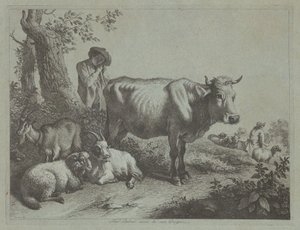 站立的牛和带着羊群的牧童，1760年代。 作者 弗朗切斯科·伦敦尼奥（Francesco Londonio）