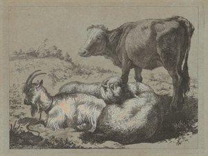 站立的牛、两只羊和一只山羊，约1762年。 作者 弗朗切斯科·伦敦尼奥（Francesco Londonio）