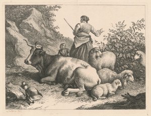 带着孩子的站立牧羊人，1776年后。 作者 弗朗切斯科·伦敦尼奥（Francesco Londonio）