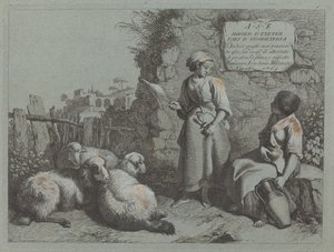 两个女孩在交谈：一个站着纺纱，1764年。 作者 弗朗切斯科·伦敦尼奥（Francesco Londonio）