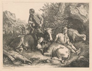 两个牧羊人与一头牛和小牛，1776年后。 作者 弗朗切斯科·伦敦尼奥（Francesco Londonio）
