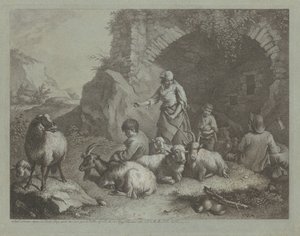 拱门附近的妇女、牧童和羊群，1759-1782。 作者 弗朗切斯科·伦敦尼奥（Francesco Londonio）
