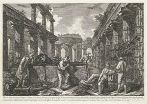 显示 Paestum 海神庙遗迹的标题印刷品，图块上有标题
仍矗立在 Paestum 的三座大型建筑遗迹的各种视图（系列标题）
三座大型建筑遗迹的不同景观 作者 弗朗切斯科·皮拉内西（Francesco Piranesi）