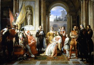 Torquato Tasso（Le Muche）在费拉拉宫廷阅读他的Jerusalem delivree（解放的耶路撒冷）。 Francesco Podesti (1800-1895) 的绘画
