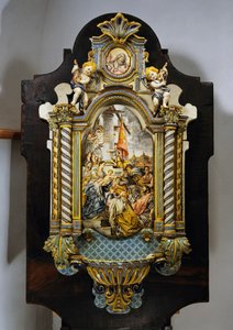 20 世纪意大利 Francesco Solimena（1657-1747）画作《贤士的崇拜》中的大型彩绘珐琅圣水字体 作者 弗朗切斯科·索利米娜（Francesco Solimena）