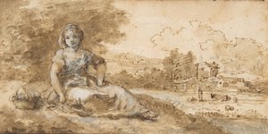 景观中的坐着的女孩，1702-88。 作者 弗朗切斯科·祖卡雷利（Francesco Zuccarelli）