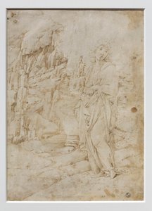 岩石景观中的年轻人，约 1475-80（羊皮纸上的钢笔、黑色和棕色墨水，带金属笔尖痕迹？） 作者 弗朗西斯科·迪·乔治·马蒂尼