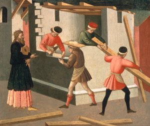 耶路撒冷圣殿的建造，1445（面板上的蛋彩画） 作者 弗朗切斯科·迪·斯特凡诺·佩塞利诺