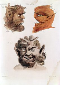 邪恶恶魔的头：Theumis，Asmodeus和The Incubus，来自&39;The Magus&39;，酒吧的插图。 1801（手工彩色雕刻）