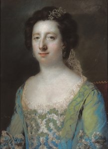荣誉的肖像。 Bridget Gunning夫人，半身，穿着蓝色荷叶边礼服，1758年