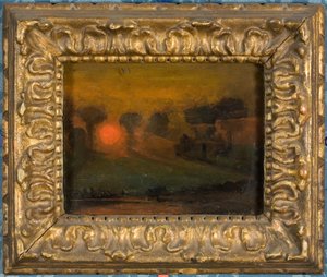 穿过树丛的夕阳，约1855年（卡上油画）。 作者 弗朗西斯·丹比