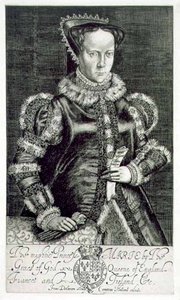 玛丽一世（1516-58）手持托马斯-洪格尔的祈祷书的肖像，由艺术家雕刻，由康普顿-荷兰出版（雕刻）。 作者 弗朗西斯·德拉拉姆