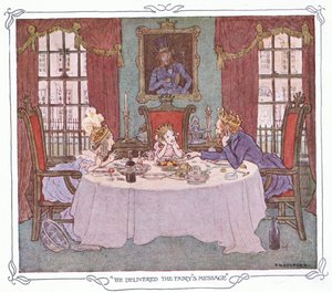 他传达了仙女的信息，选自 Warne  Co 出版的《神奇的鱼骨》，约 1940 年（彩色石版印刷）。 作者 弗朗西斯·唐金·贝德福德
