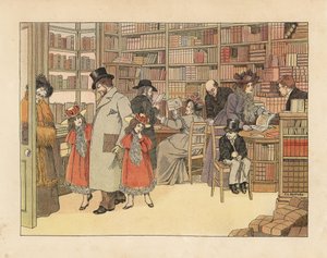 维多利亚时代书店里的顾客。根据弗朗西斯-多尔金-贝德福德（Francis Dorkin Bedford）的插图绘制的变色版画，选自爱德华-弗拉尔-卢卡斯（Edward Verrall Lucas）的《商店之书》，格兰特-理查兹，伦敦 作者 弗朗西斯·唐金·贝德福德