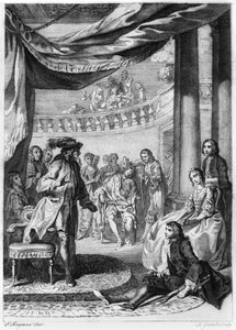 来自William Shakespeare（1564-1616）的“哈姆雷特”的戏剧场景，由Hubert Gravelot（1699-1773）刻