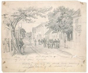 弗吉尼亚州汉普顿的主街......守卫街道的大炮"，约1860年（纸上铅笔）。 作者 弗朗西斯·谢尔