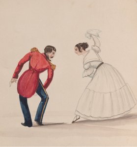 一对秘鲁男女在跳Zamacueca舞，来自一组描绘......的图画，约1848年。