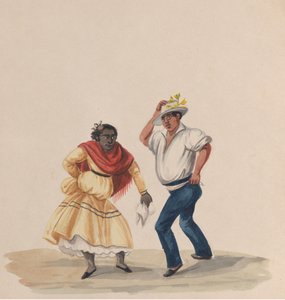一个男人和一个女人在跳舞，来自一组描绘秘鲁服装的图画，1848年。