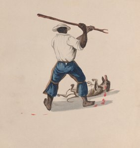 一个男人从后面看用棍子打狗，来自一组描绘......的图画，约1848年。