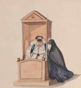 一个女人向牧师忏悔，来自一组描绘秘鲁服装的图画，约1848年。