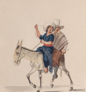 一对骑着驴子的印第安男女，来自一组描绘秘鲁的图画......，约1848年。
