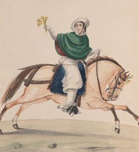 一个穿着优雅的女人在马背上，来自一组描绘秘鲁的图画...，约1848年。