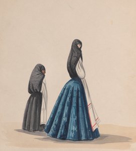 两位身穿saya的妇女的侧面图，来自一组描绘......的图画，约1848年。