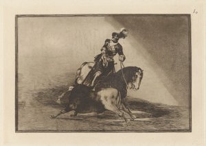 Carlos V. lanceando un toro en la plaza de Valladolid（查尔斯五世在巴利亚多利德擂台上刺杀公牛），图版 10，选自 La tauromaquia 作者 弗朗西斯科·德·戈雅