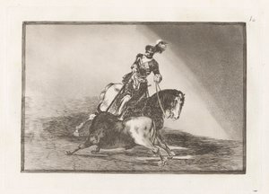 Carlos V. lanceando un toro en la plaza de Valladolid（查理五世在巴利亚多利德的擂台上矛刺公牛），图版 10，选自 La tauromaquia 作者 弗朗西斯科·德·戈雅