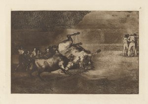 Cheval renverse par un taureau（被牛摔倒的马），《La tauromaquia》（第三版）B 图版 作者 弗朗西斯科·德·戈雅