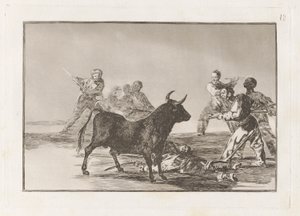 Desjarrete de la canalla con lanzas, medias-lunas, banderillas y otras armas (The Rabble Hamstring the Bull with Lances, Sickles, Banderillas and Other Arms)，图版 12，选自 La tauromaquia 作者 弗朗西斯科·德·戈雅