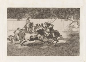 El esforzado Rendon picando un toro, de cuya suerte muri? en la plaza de Madrid（强壮的伦登用皮克刺中一头公牛，他因此死在马德里的环形广场上），图版 28，选自 La tauromaquia 作者 弗朗西斯科·德·戈雅