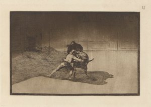 El famoso Martincho, poniendo banderillas al quiebro.(著名的马丁乔用肢体动作摆弄玩牛的班德瑞拉斯），图版 15，选自 La tauromaquia（《著名的马丁乔用肢体动作摆弄玩牛的班德瑞拉斯》）。 作者 弗朗西斯科·德·戈雅