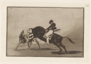 El mismo Ceballos montado sobre otro toro quiebra rejones en la plaza de Madrid（同样的塞瓦略斯骑在另一头公牛身上，在马德里的擂台上折断短矛），第 24 版，选自 La tauromaquia 作者 弗朗西斯科·德·戈雅