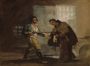 佩德罗修士向马拉加托提供鞋子并准备推开他的枪，约1806年。 作者 弗朗西斯科·德·戈雅