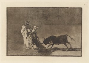 摩尔人在擂台上另辟蹊径，用他们的燃烧弹呼唤公牛》，图版 6，选自 La tauromaquia 作者 弗朗西斯科·德·戈雅