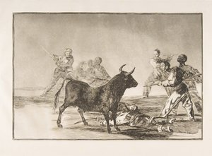Tauromaquia的盘子12：人群用长矛，镰刀，bande ...束缚公牛，1816年。 作者 弗朗西斯科·德·戈雅
