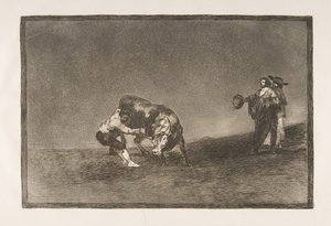 Tauromaquia的盘子16：1816年，同一个人在马德里向公牛圈投掷一头公牛。 作者 弗朗西斯科·德·戈雅