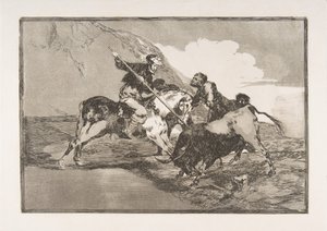 《牛头人》（Tauromaquia）的图版1：古代西班牙人在野外狩猎公牛的方式，1816年。 作者 弗朗西斯科·德·戈雅