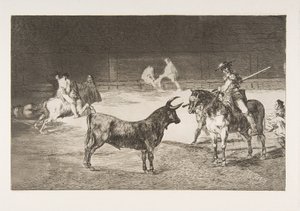 陶朗马基亚（Tauromaquia）上的第27板：著名的Picador，费尔南多·德尔·托罗（Fernando del Toro），画出了烈火……，1816年。 作者 弗朗西斯科·德·戈雅