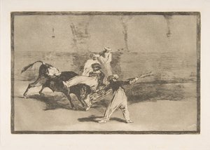 图版8来自 "Tauromaquia"：一个摩尔人被公牛抓到圈里，1816年。 作者 弗朗西斯科·德·戈雅